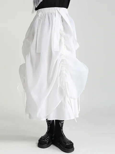 Black Irregular Drawstring Bandage High Elastic Waist Half-body Skirt Women Fashion Tide New Spring Summer