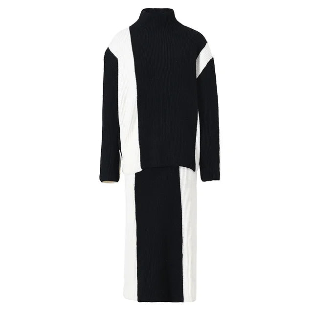 Two Pieces Suit Half-body Skirt Black Knitting Sweater Big Size Turtleneck Women Fashion Autumn Winter