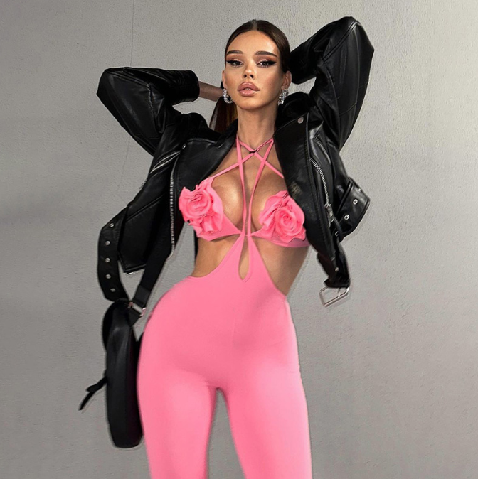 Strap 3D Flower Sexy Chest Slim Fit Hip Lift Pants Spicy Girl Set