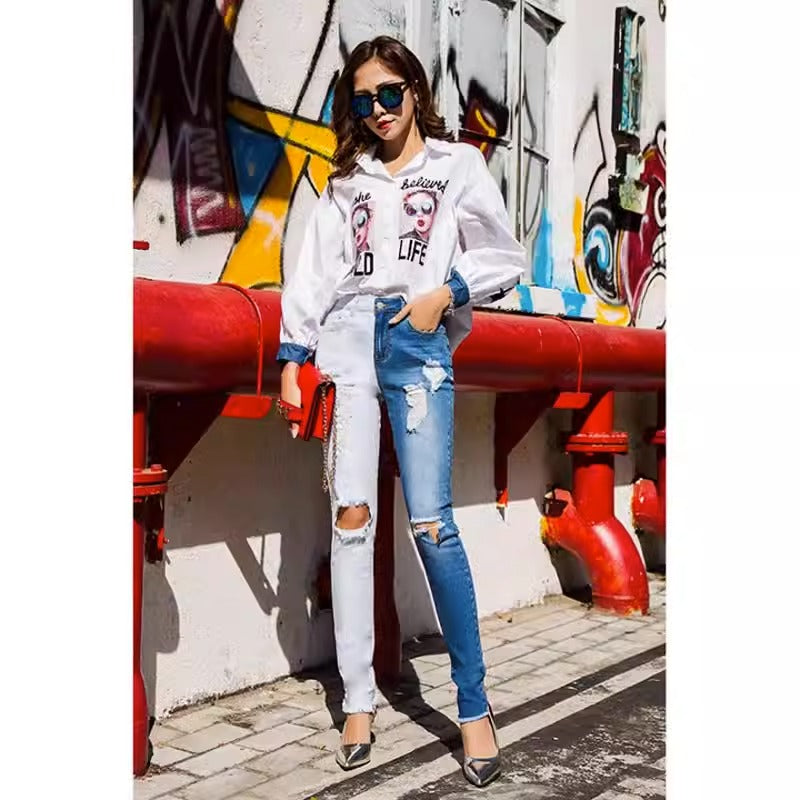 Big Size Double Color Patchwork Ripped Knees Jeans Women`s Stretchy Distressed Denim Pants Trousers Jeans For Women