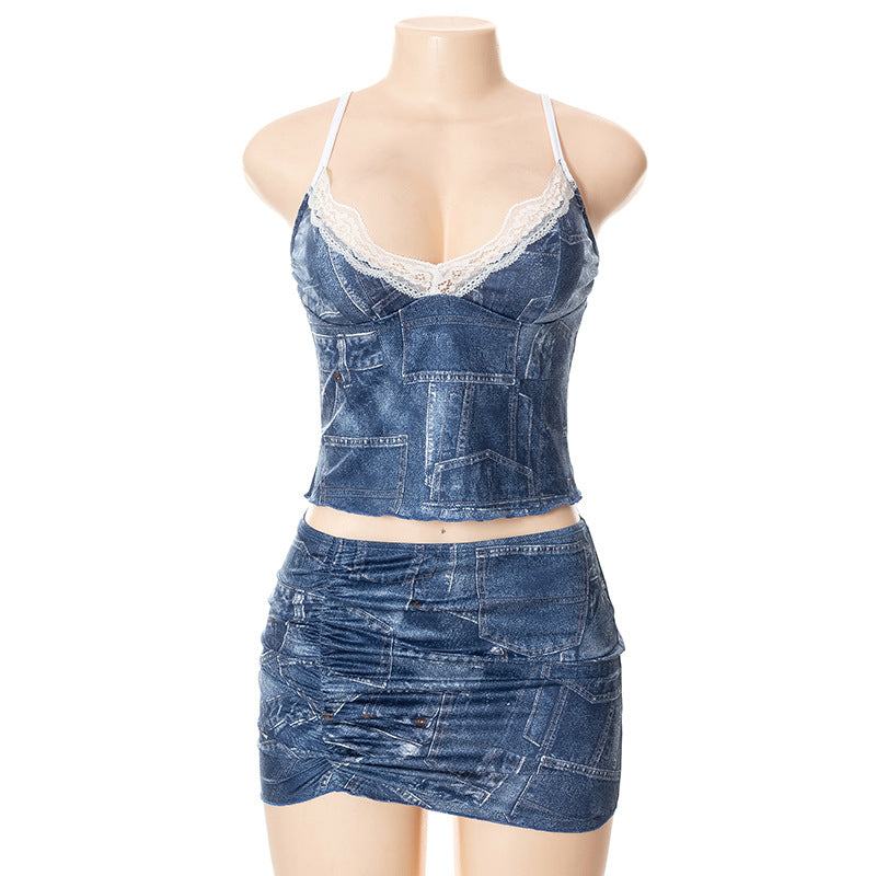 Summer Style Sling Denim Print Low Waist Hip Lift European Beauty Short Skirt Suit Dress