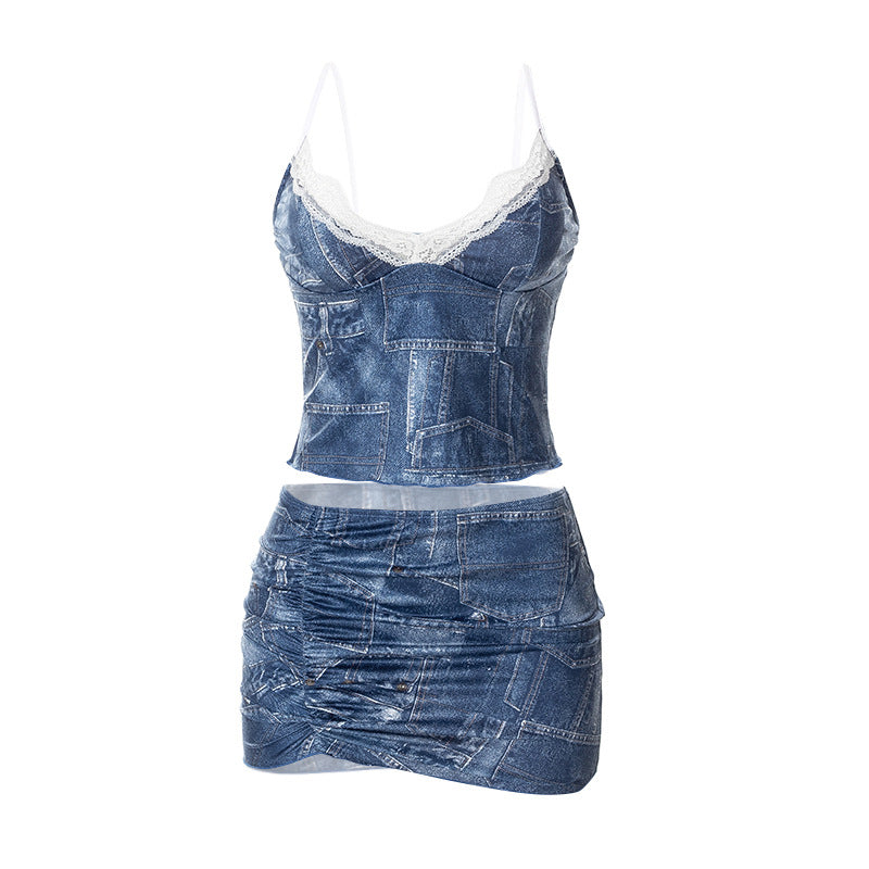 Summer Style Sling Denim Print Low Waist Hip Lift European Beauty Short Skirt Suit Dress