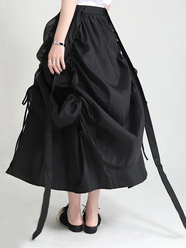 Black Irregular Drawstring Bandage High Elastic Waist Half-body Skirt Women Fashion Tide New Spring Summer