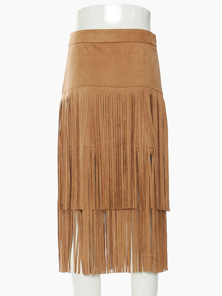 High Waist Khaki Tassels Irregular Long Elehgant Half-body Skirt Women Fashion Tide New Spring Autumn
