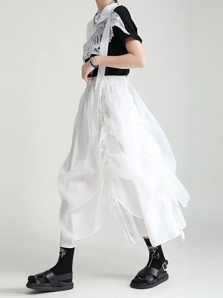 Black Irregular Drawstring Bandage High Elastic Waist Half-body Skirt Women Fashion Tide New Spring Summer