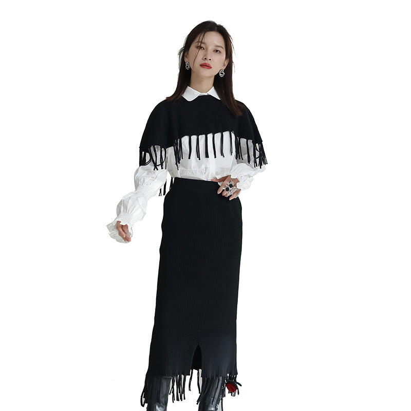 Black Tassels Shawl Half-body Skirt Two Pieces Suit New Round Neck Casual Women