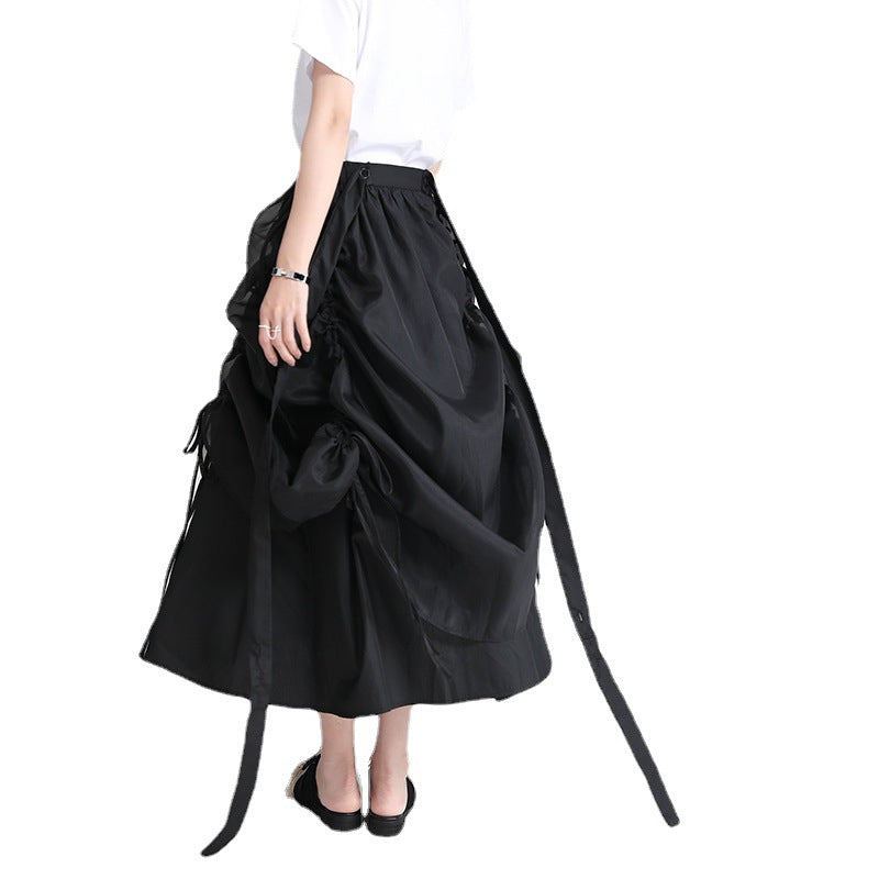 Black Irregular Drawstring Bandage High Elastic Waist Half-body Skirt Women Fashion Tide New Spring Summer