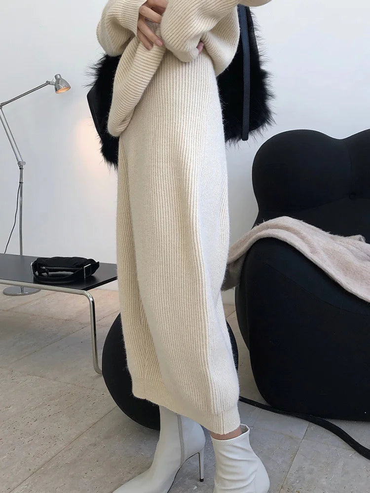 High Elastic Waist Apricot Irregular Knitting Casual Half-body Skirt Women Fashion Tide New Spring Autumn