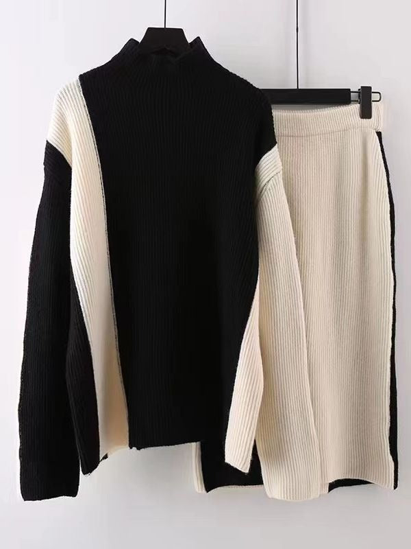 Two Pieces Suit Half-body Skirt Black Knitting Sweater Big Size Turtleneck Women