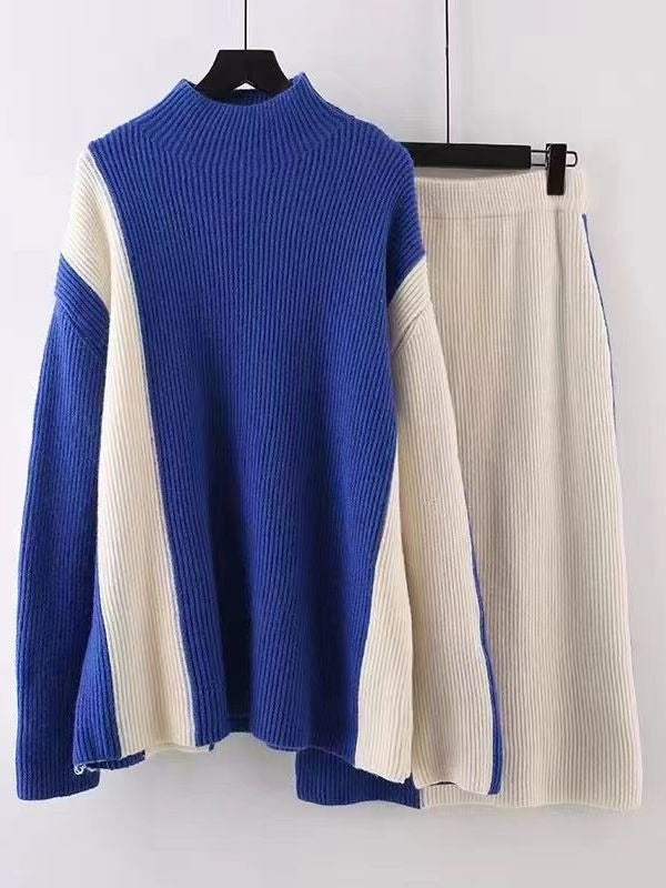 Two Pieces Suit Half-body Skirt Black Knitting Sweater Big Size Turtleneck Women