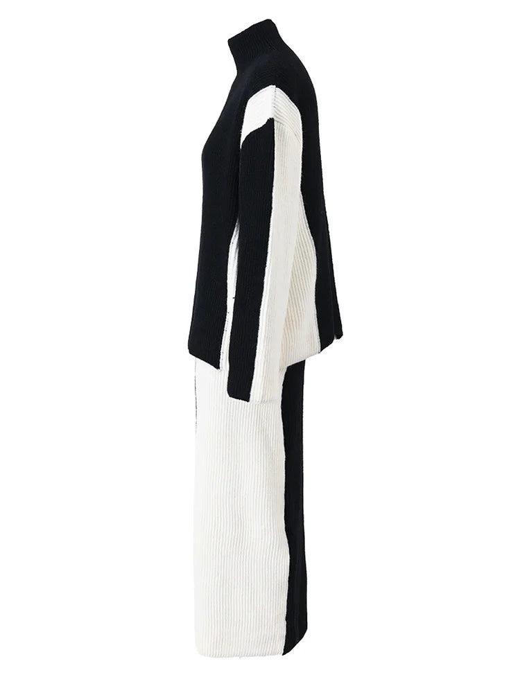 Two Pieces Suit Half-body Skirt Black Knitting Sweater Big Size Turtleneck Women Fashion Autumn Winter
