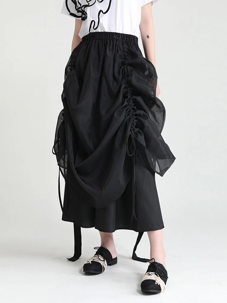 Black Irregular Drawstring Bandage High Elastic Waist Half-body Skirt Women Fashion Tide New Spring Summer