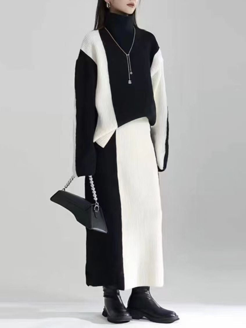 Two Pieces Suit Half-body Skirt Black Knitting Sweater Big Size Turtleneck Women