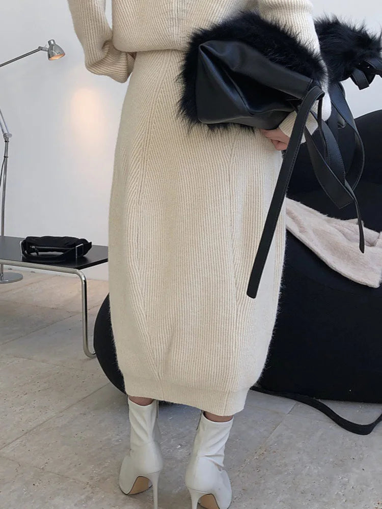 High Elastic Waist Apricot Irregular Knitting Casual Half-body Skirt Women Fashion Tide New Spring Autumn