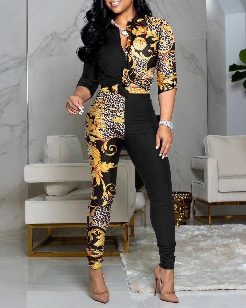 Women Fashion Scarf Chain Print Two Piece Set Autumn Long Sleeve Button Patchwork Shirt And Long Skinny Trousers S-XL