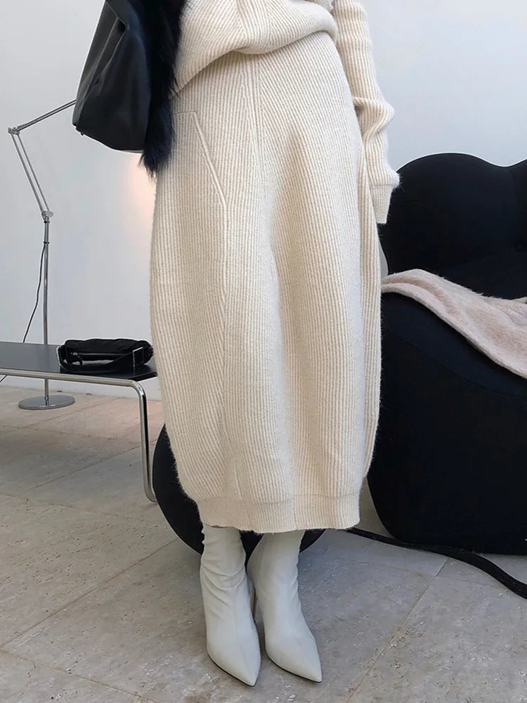 High Elastic Waist Apricot Irregular Knitting Casual Half-body Skirt Women Fashion Tide New Spring Autumn