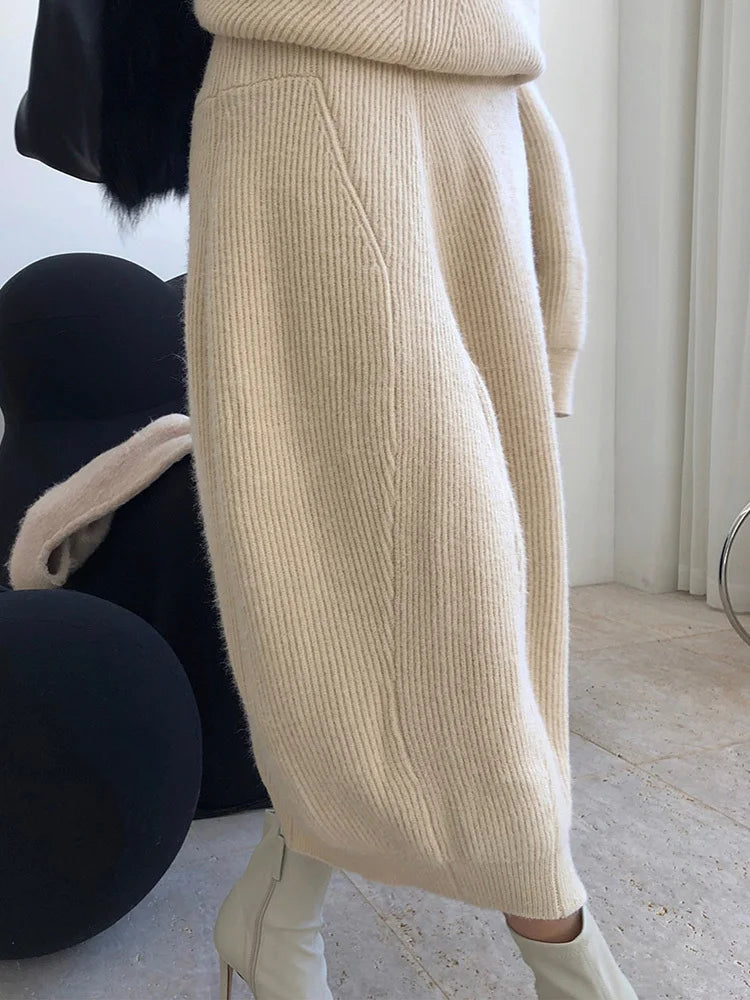High Elastic Waist Apricot Irregular Knitting Casual Half-body Skirt Women Fashion Tide New Spring Autumn
