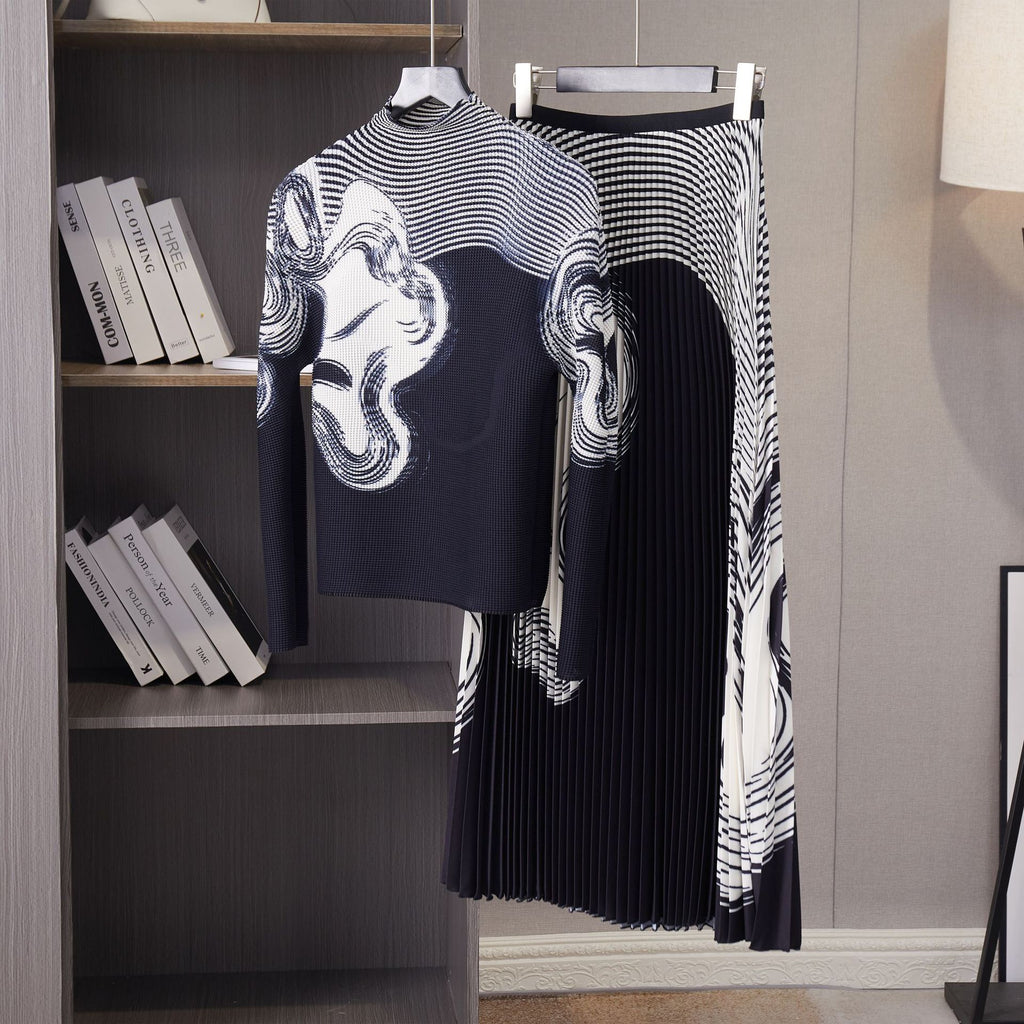 Women Autumn Geometric Pattern Slim Printed T-shirt Commuter Temperament Pleated Half-body Skirt