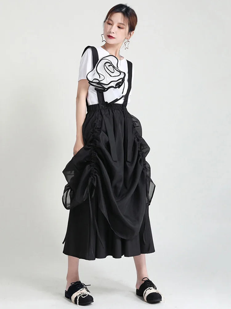 Black Irregular Drawstring Bandage High Elastic Waist Half-body Skirt Women Fashion Tide New Spring Summer