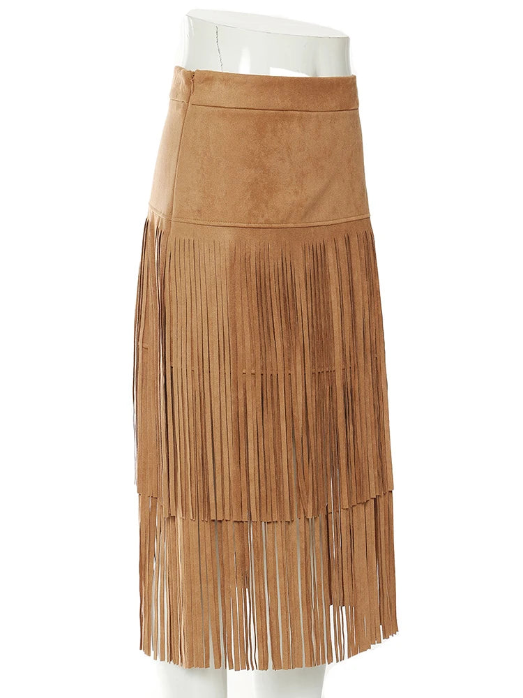 High Waist Khaki Tassels Irregular Long Elehgant Half-body Skirt Women Fashion Tide New Spring Autumn