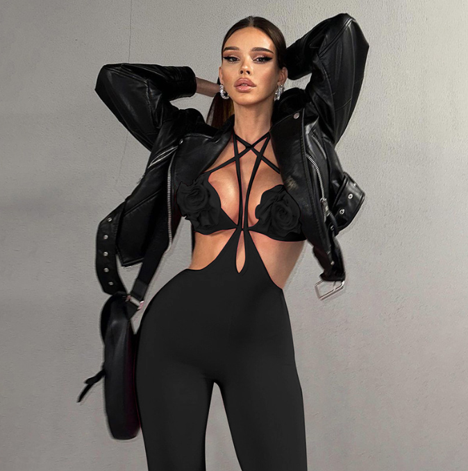 Strap 3D Flower Sexy Chest Slim Fit Hip Lift Pants Spicy Girl Set