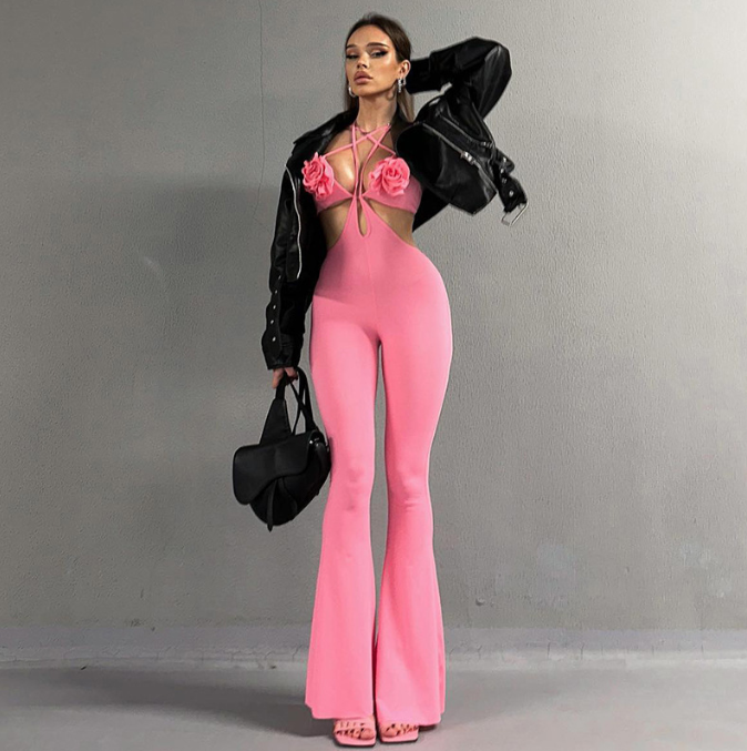 Strap 3D Flower Sexy Chest Slim Fit Hip Lift Pants Spicy Girl Set