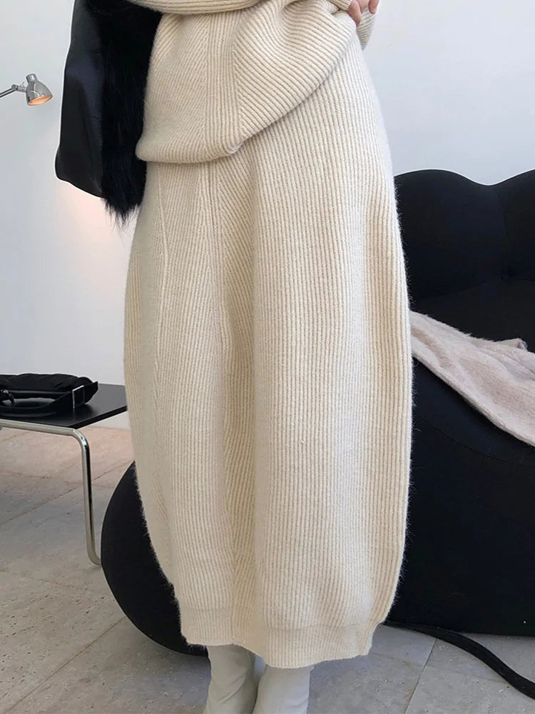 High Elastic Waist Apricot Irregular Knitting Casual Half-body Skirt Women Fashion Tide New Spring Autumn
