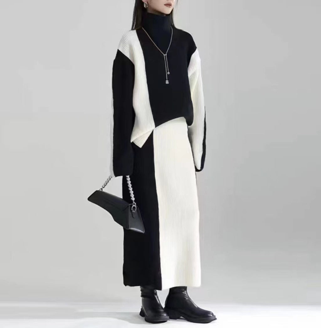 Two Pieces Suit Half-body Skirt Black Knitting Sweater Big Size Turtleneck Women