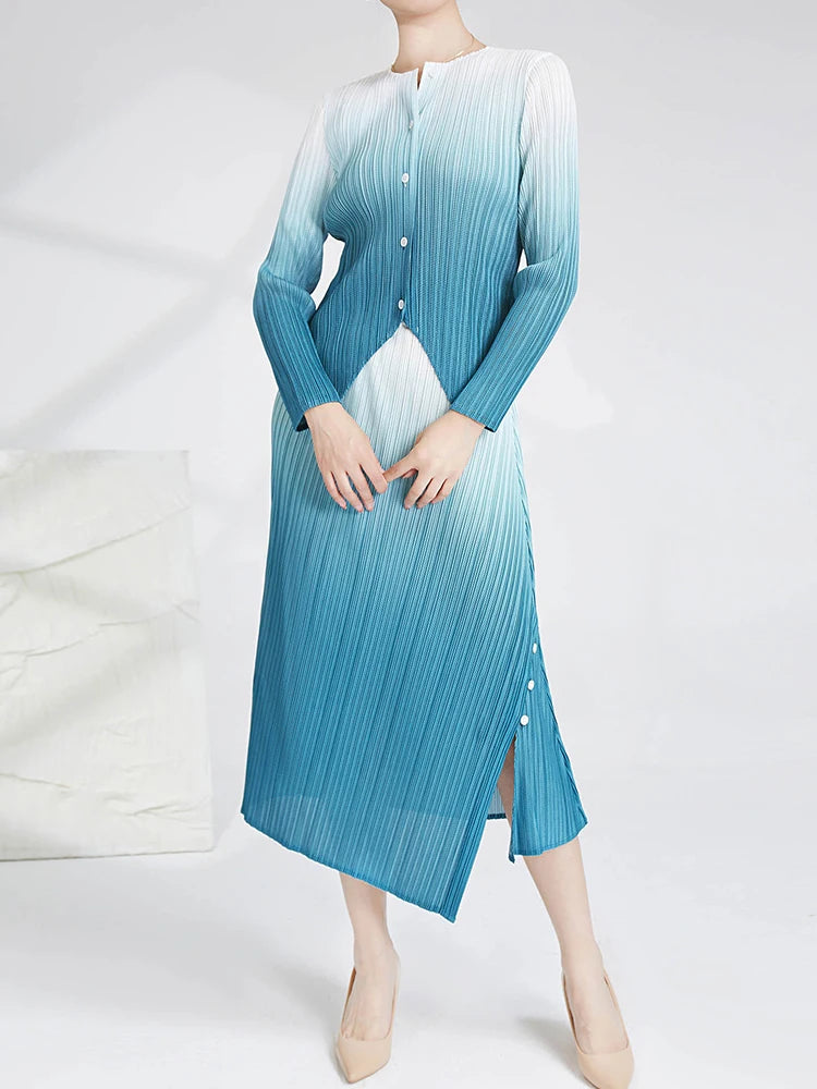 Women Split Top Pleat Style Gradient Color Irregular Summer Casual Half-body Skirt