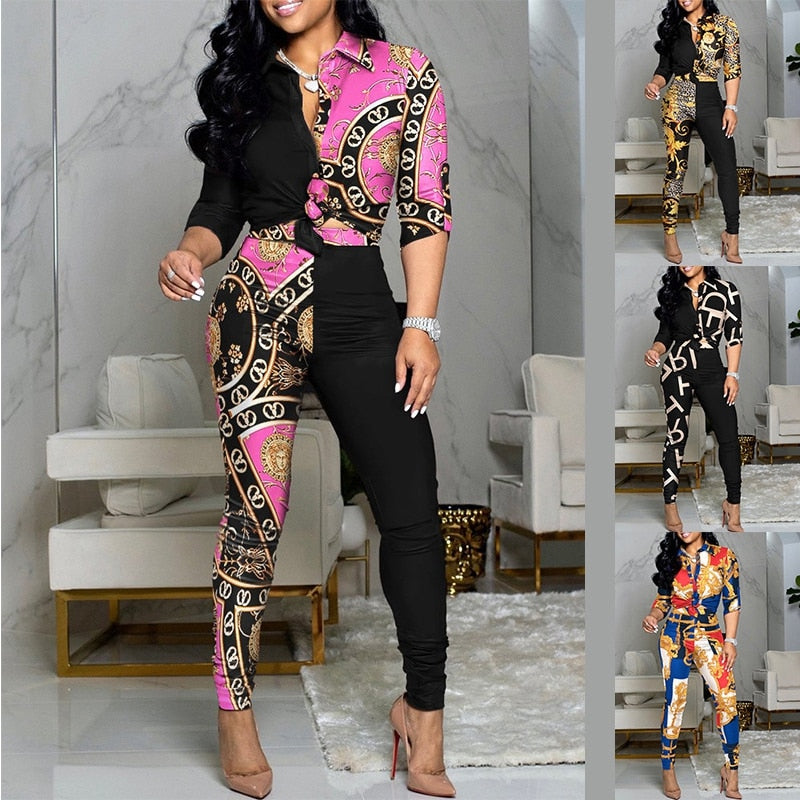 Women Fashion Scarf Chain Print Two Piece Set Autumn Long Sleeve Button Patchwork Shirt And Long Skinny Trousers S-XL